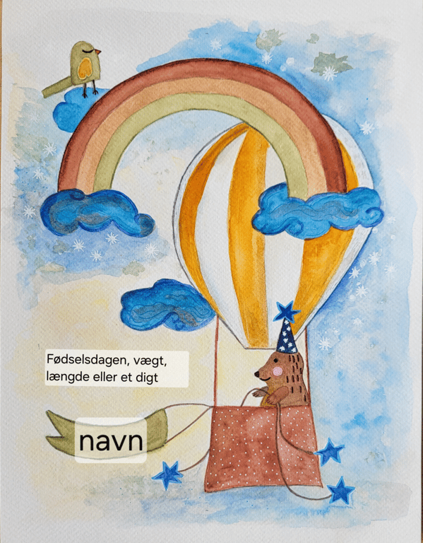 Unik akvarel til barnedåb/navngivning - Luftballon billede 5