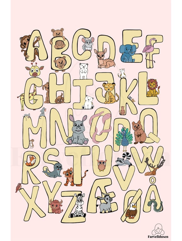 Plakat med Navn: ABC DYR  NAVNE-PLAKAT (Gul Skrift, Rosa baggrund) (4)