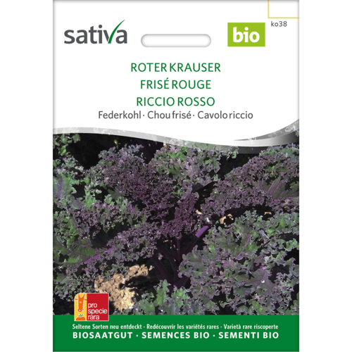 Frøpose til økologisk rød krusgrønkål med billeder af krusede lilla-grønne blade, mærket "Sativa bio". (1)
