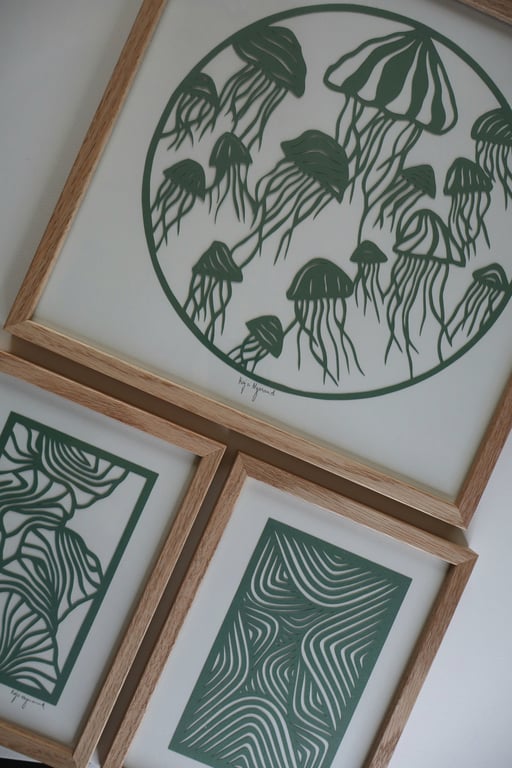 30x30cm, hav af gopler, støvet Jade, indrammet  (2)