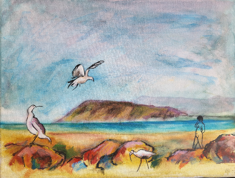 Landskab med figur og fugle akryl på lærred 30 x 40 cm 