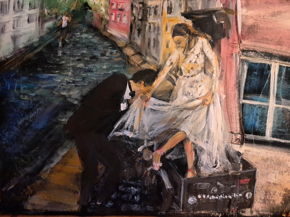 Christianshavn, bryllupspar, wafandes cykel, akryl 30x40 