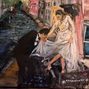 Christianshavn, bryllupspar, wafandes cykel, akryl 30x40  – produktbillede