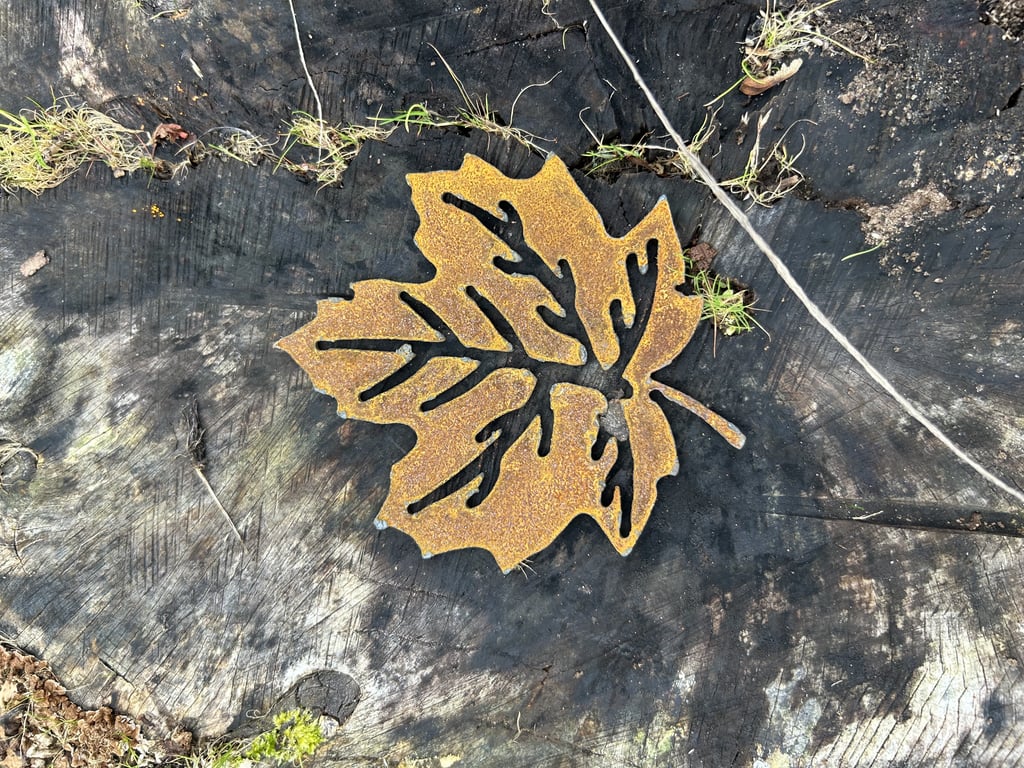 Rustent metalblad placeret på tværs af en gammel, mørk træstub med lidt græs omkring.