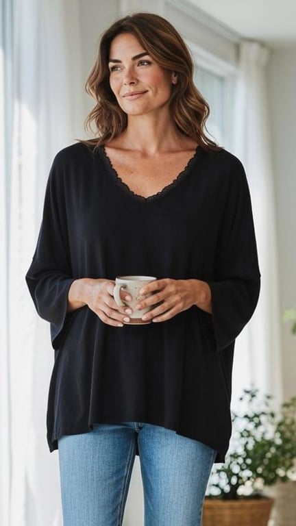 Kvinde i sort bluse og blå jeans holder en kop og står i et lyst rum med vinduer og en plante i baggrunden.