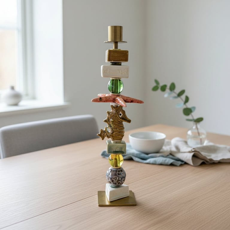 Stak af forskellige keramiske figurer og perler på et lysestage i messing, placeret på et lyst træbord med en hvid skål, stofservietter og en vase med eucalyptus i baggrunden.