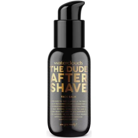 Sort pumpeflaske med tekst "waterclouds THE DUDE AFTER SHAVE FACE BALM".