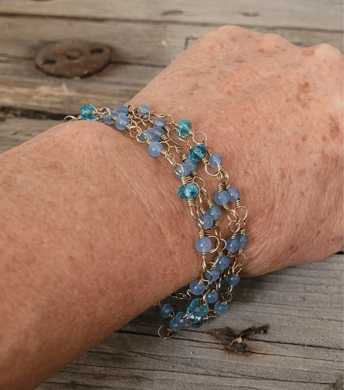 Blå boho halskæde / armbånd, guldbelagt - 95 cm
