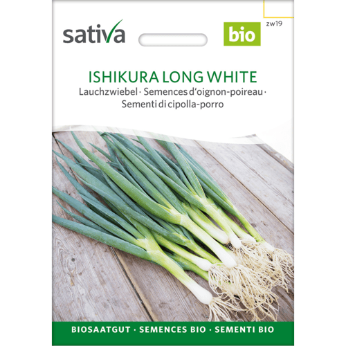Frøpakke til økologisk Ishikura Long White porre fra Sativa med billede af friske porrer på træbord. (1)