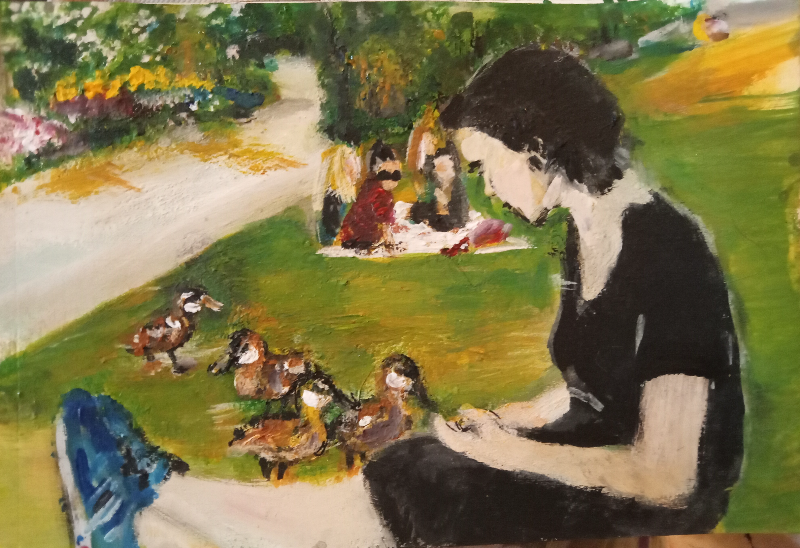 Ælling Hvisker en sommer i Ørstedsparken, A5 akryl,