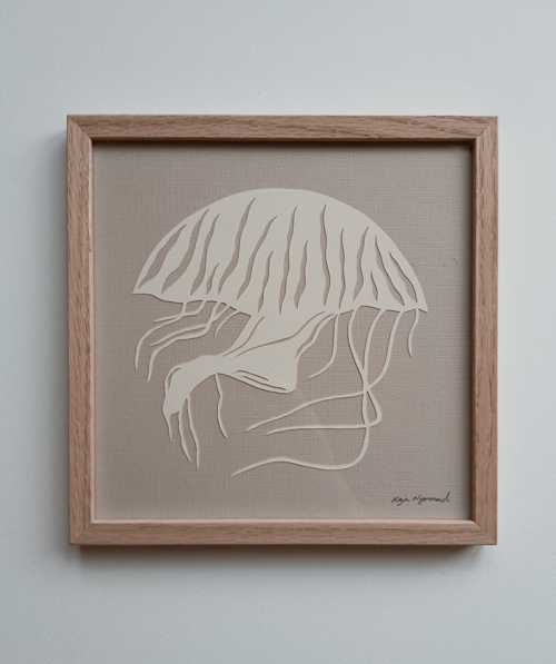 20x20cm, Gople nr 71, papercut, hvid, lys beige, indrammet 