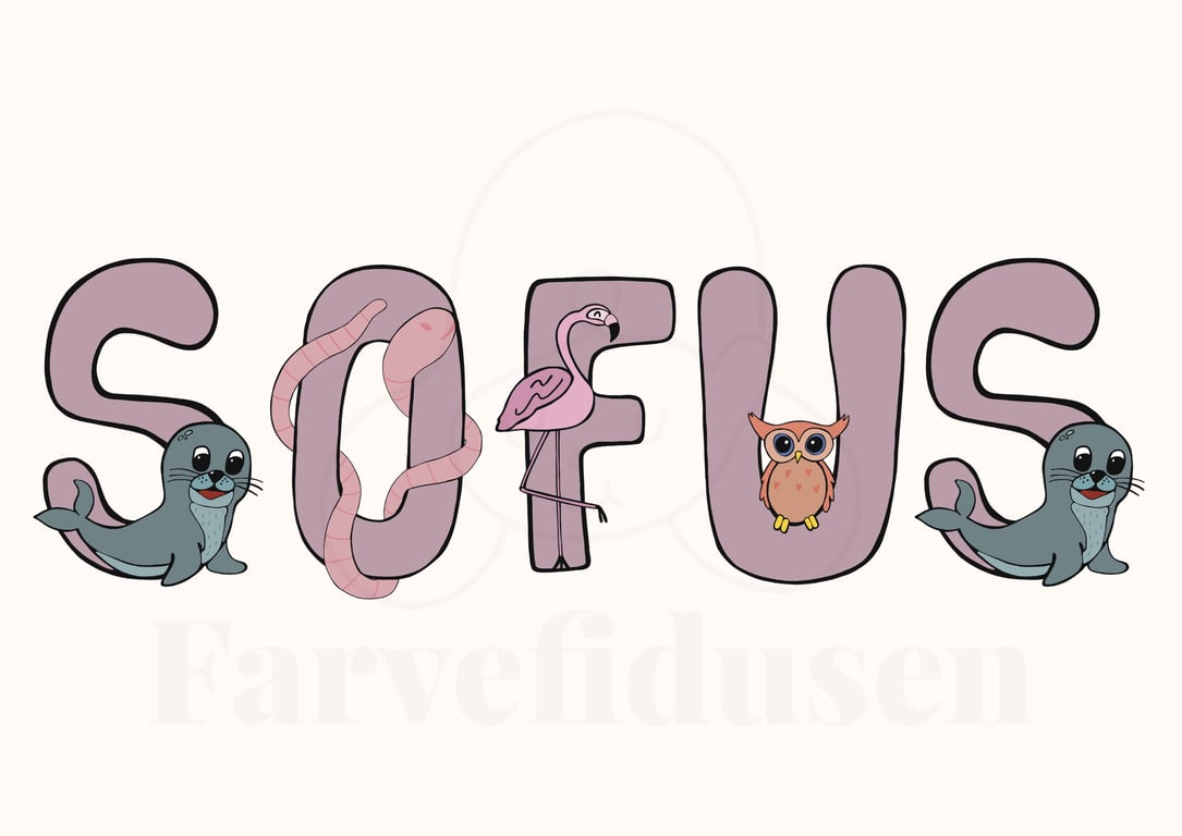 Plakat med Navn: ABC DYR NAVNE-PLAKAT (Rosa Skrift, beige baggrund) (2)