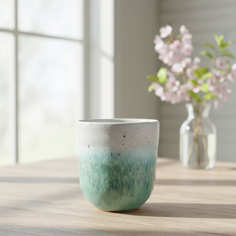 Keramikkop med grøn og hvid glasur stående på et lyst bord med en vase med blomster i baggrunden ved vindue.