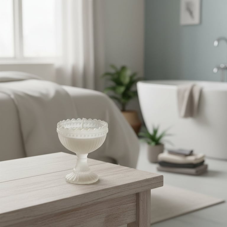 Blænde i soveværelse med hvid seng, hvidt lysestage på bord og badekar i baggrunden.