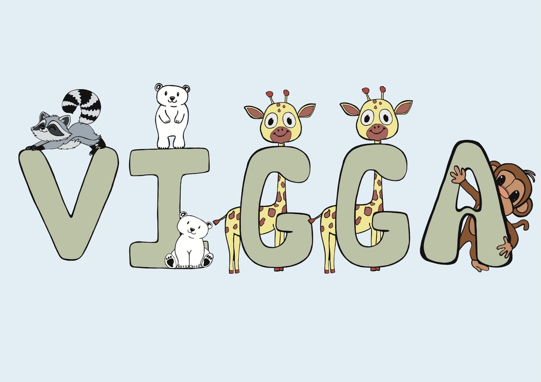 Plakat med Navn: ABC DYR NAVNE-PLAKAT (Grøn Skrift, blå baggrund) (5)