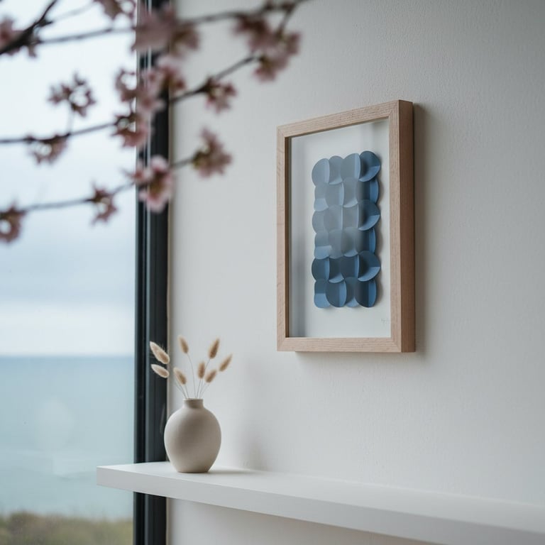 Minimalistisk indretning med en keramisk vase med tørrede blomster på en hvid hylde, samt et indrammet blåt geometrisk kunstværk på en hvid væg ved et vindue med udsigt til havet. (5)