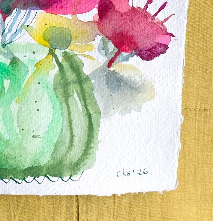 Grøn stribede vase - original akvarel billede 5