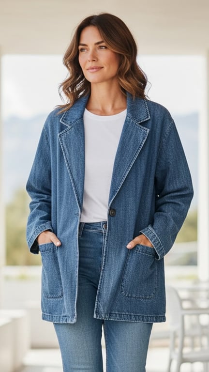 Kvinde iført blå denimjakke og jeans med hvide t-shirt, stående med hænderne i lommerne i lyst rum.