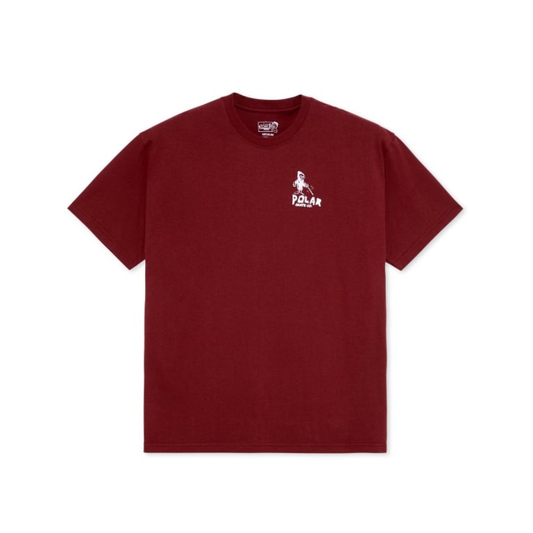 Bordeaux rød T-shirt med lille hvidt logo og tekst "POLAR" på venstre bryst.