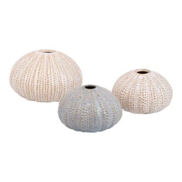 Tre dekorative vaser med struktur, der ligner søpindsvin, i forskellige størrelser og farver.