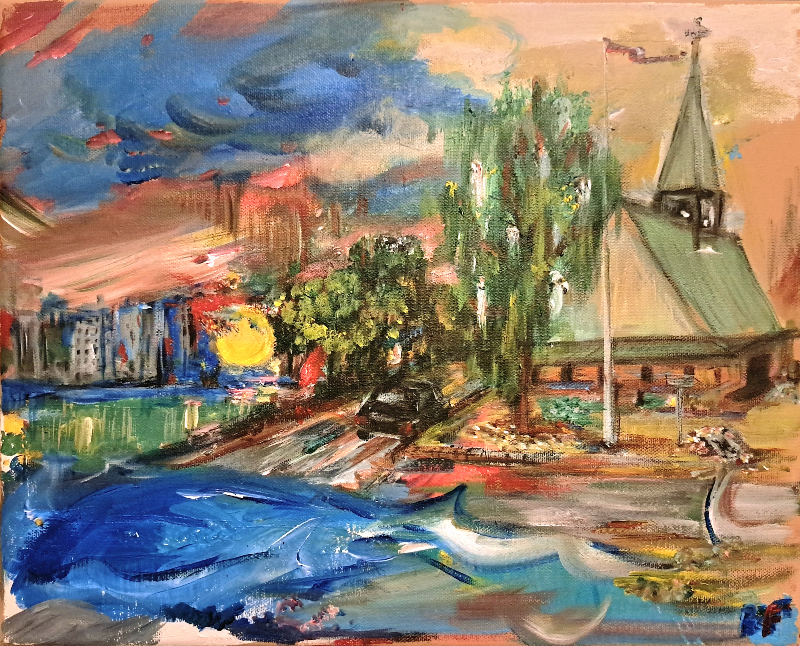 Sømands kirken i egne omgivelser, 30x40 akryl maleri