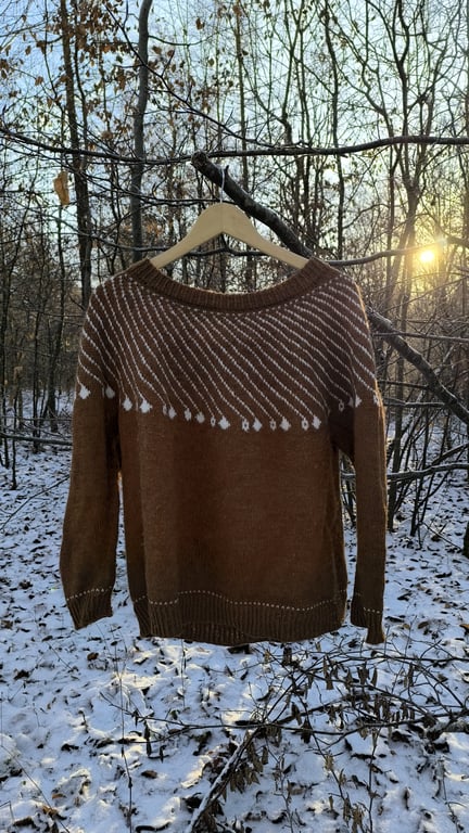 Brun striktrøje med hvidt mønster hængende på bøjle i sneklædt skov med lav vintersol i baggrunden.