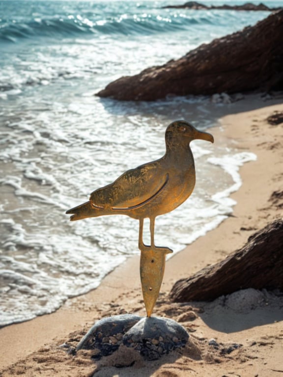 Metalfugl, der ligner en måge, står på en sten på en sandstrand med bølger i baggrunden.