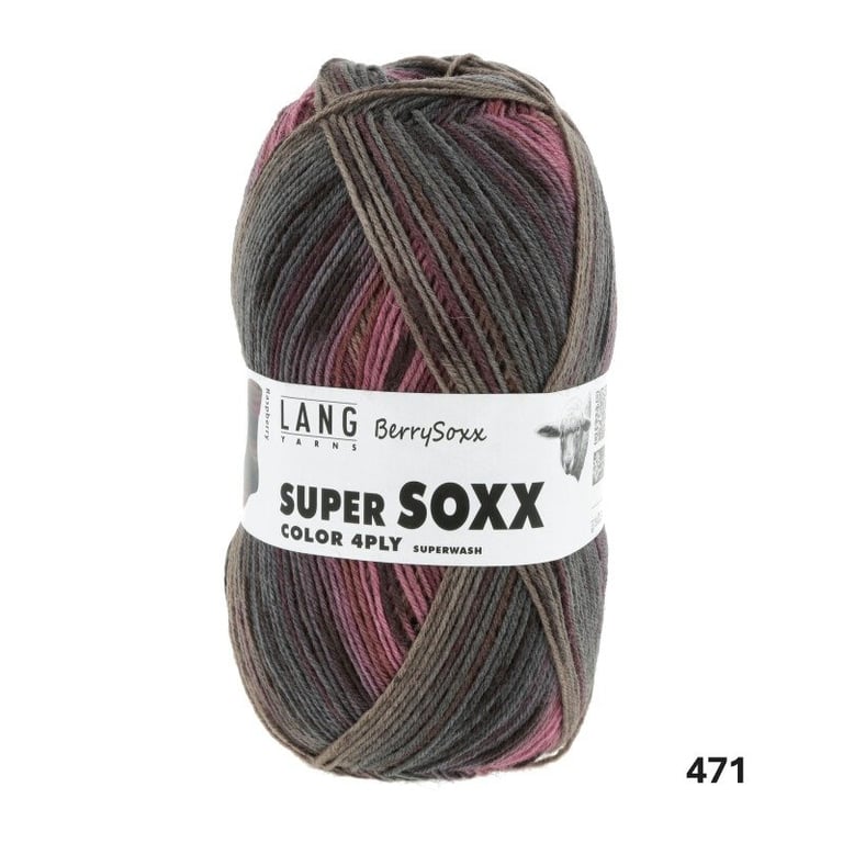 Garnnøgle i brun, grå og bordeaux farver med etiket mærket "Lang Yarns BerrySoxx SUPER SOXX COLOR 4PLY SUPERWASH".