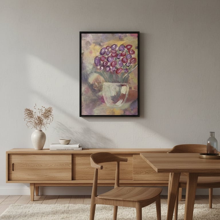 Stue med minimalistisk træmøblement, herunder en skænk med vase og bøger, et spisebord med stol, og et maleri af blomster i en vase hængende på væggen.