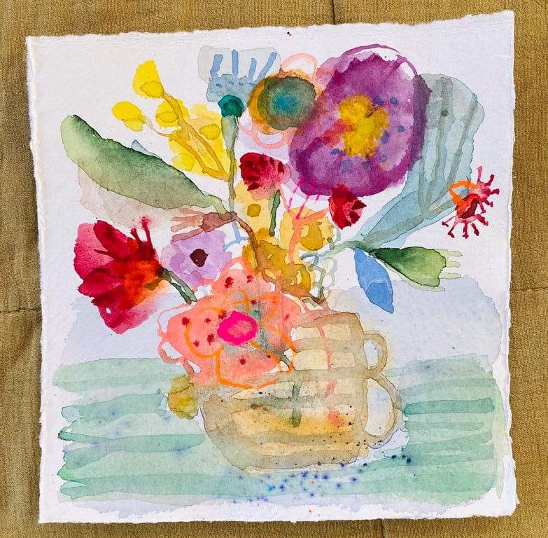 Vilde blomster i okker  - original akvarel (2)