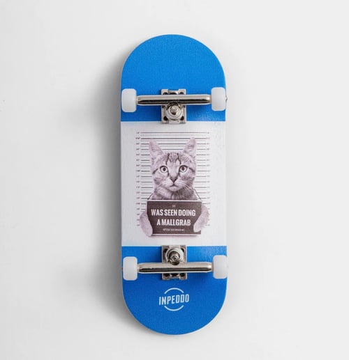 Mini skateboard med blå og hvidt design, der viser et billede af en kat som i en mugshot med teksten "WAS SEEN DOING A MAIL GRAB". (1)