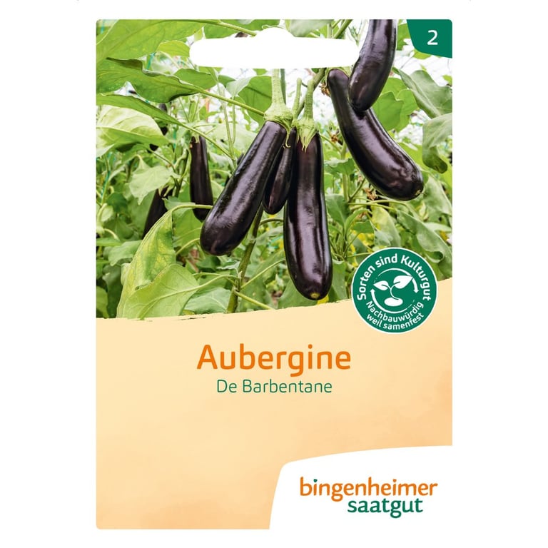 Frøpakke med billede af modne auberginer på gren, mærket "Aubergine De Barbentane" fra bingenheimer saatgut.