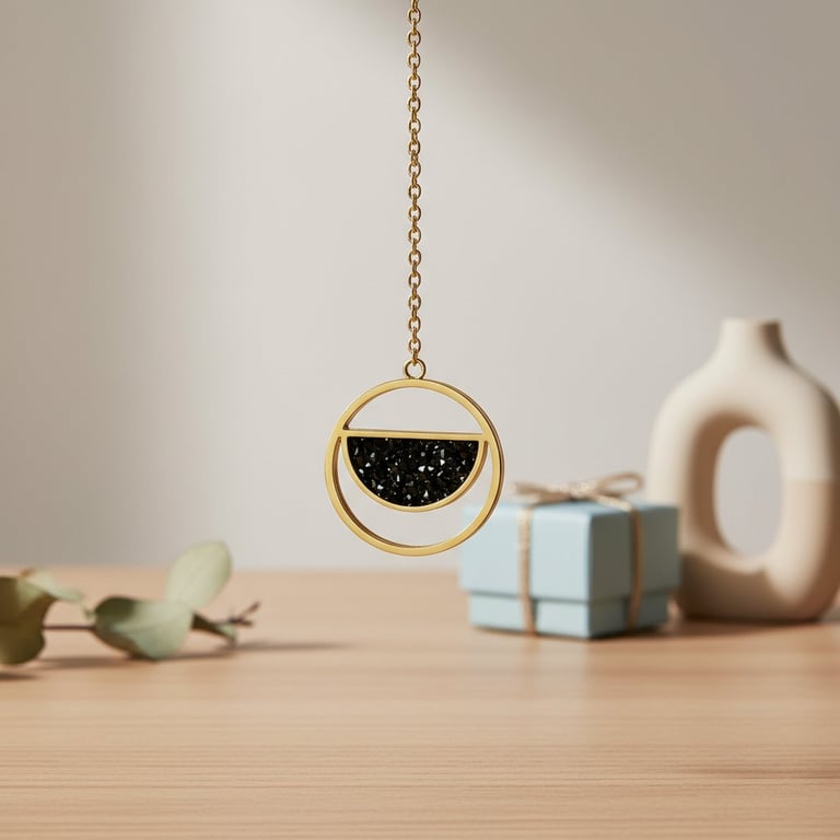 Halskæde med gyldent rundt vedhæng og sort, glitrende halvcirkelformet indlæg hængende over et lyst træbord med en blå gaveæske og en dekorativ vase i baggrunden.