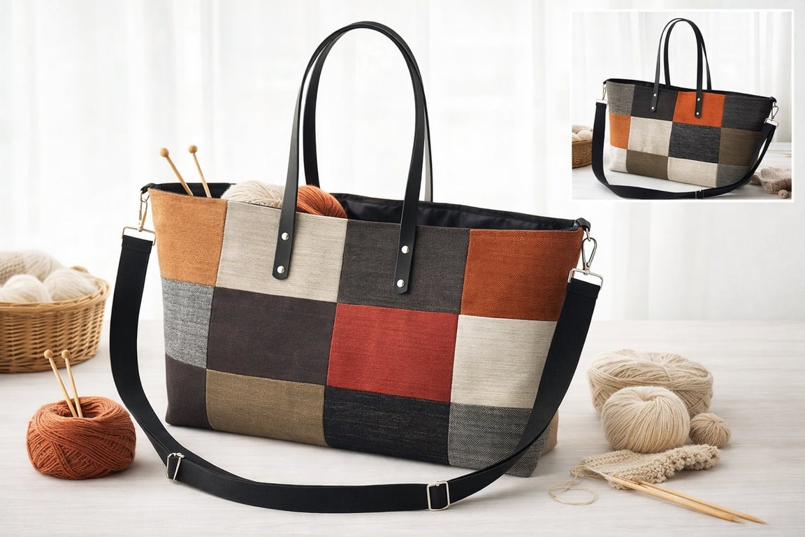 Færdig syet taske af møbelstoffer - sort kraftig satin foer med 2 store lommer.