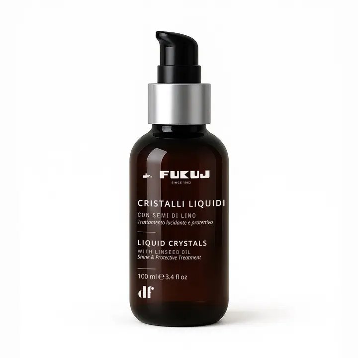 Flaske med Dr. Fukuji Liquid Crystals hårserum med hørfrøolie, 100 ml, med pumpe.
