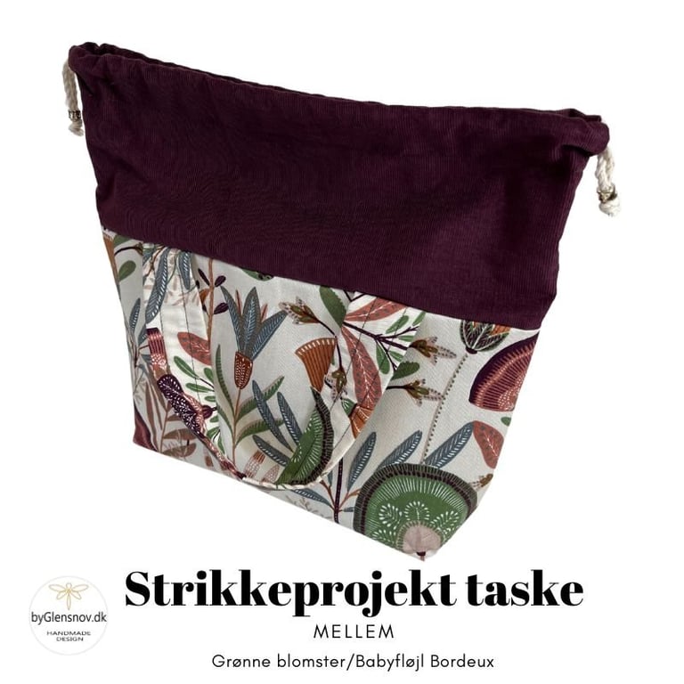 Strikkeprojekt taske - Grøn Blomst / Babyfløjl Bordeaux billede 2