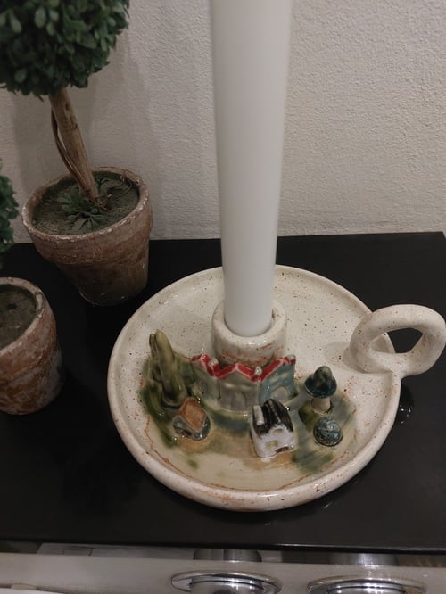 Kammerlysestage med små huse og træ   (2)