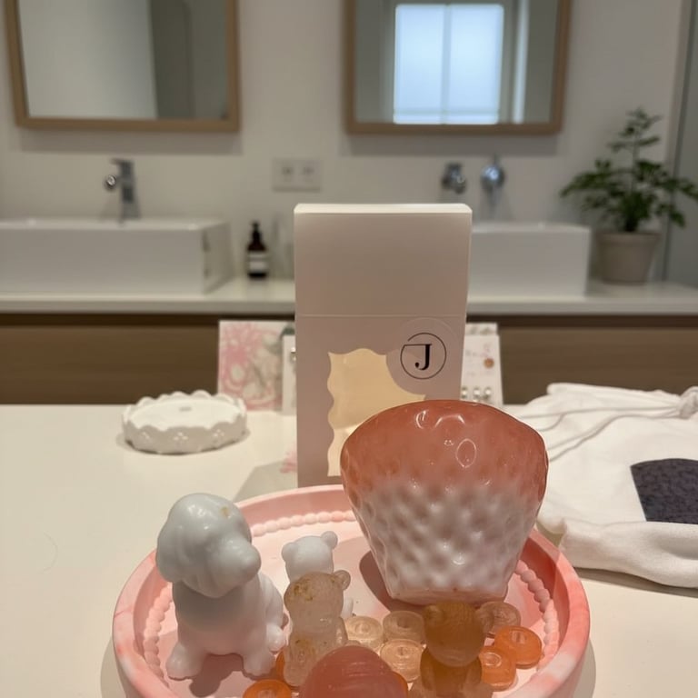 Skål med rosa og gennemsigtige gelépoteforme, en hvid hundefigur og en brun kandeformet genstand, placeret foran spejle og håndvaske på et badeværelse.