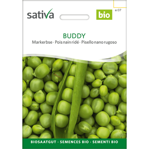 Frøpose fra Sativa med økologiske Buddy markerærter, vist med grønne ærter og en åben ærtebælg. (1)