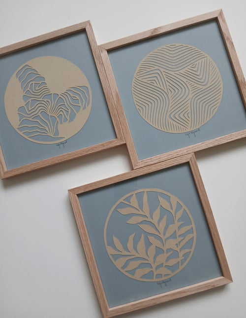 20x20cm, papercut, dueblå, indrammet 