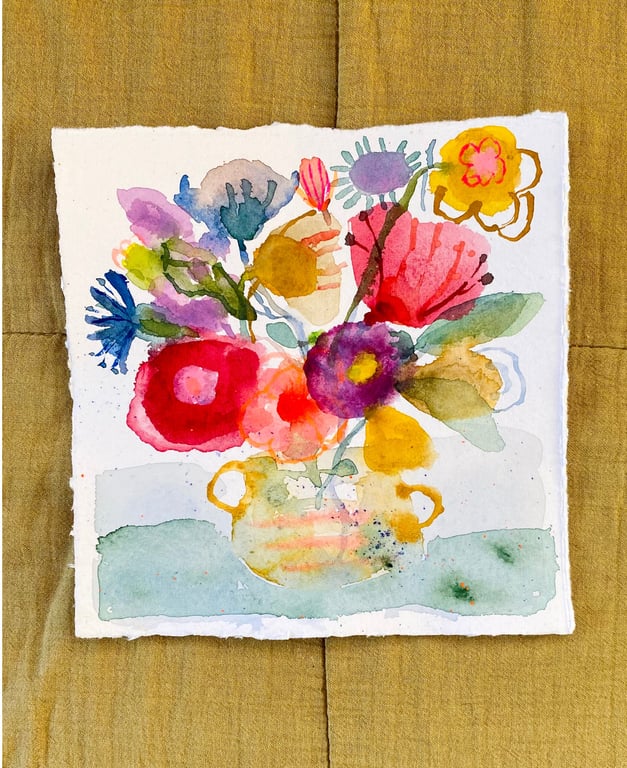 Vilde blomster i okker  - original akvarel (4)