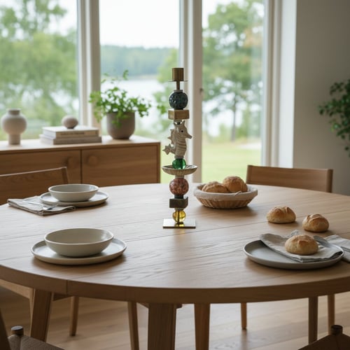 Rundt træbord dækket med tallerkener, skåle og rundstykker, med en dekorativ lysestage i midten og vindue med udsigt til grøn natur i baggrunden. (1)