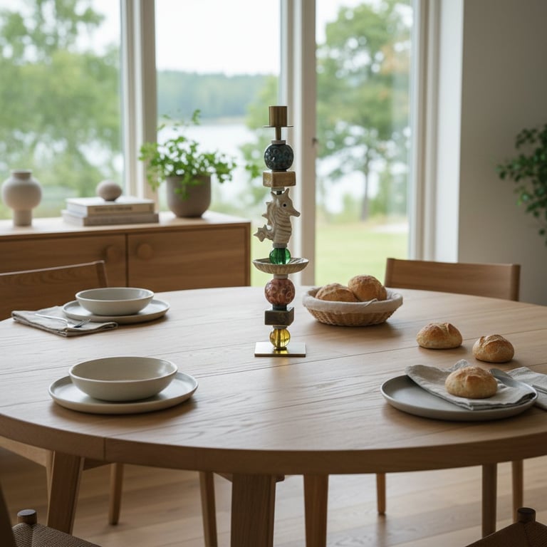 Rundt træbord dækket med tallerkener, skåle og rundstykker, med en dekorativ lysestage i midten og vindue med udsigt til grøn natur i baggrunden.