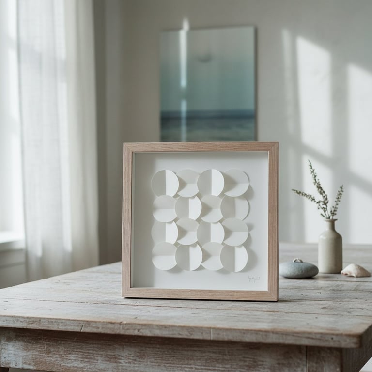 Billedramme med hvide, foldede papircirkler i et geometrisk mønster stående på et lyst træbord i et lyst rum med bløde gardiner og minimalistisk dekoration.