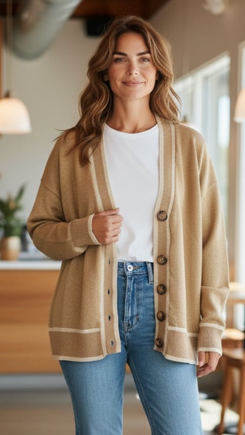 Kvinde iført beige cardigan, hvid t-shirt og blå jeans, stående indendørs med neutral baggrund. (1)