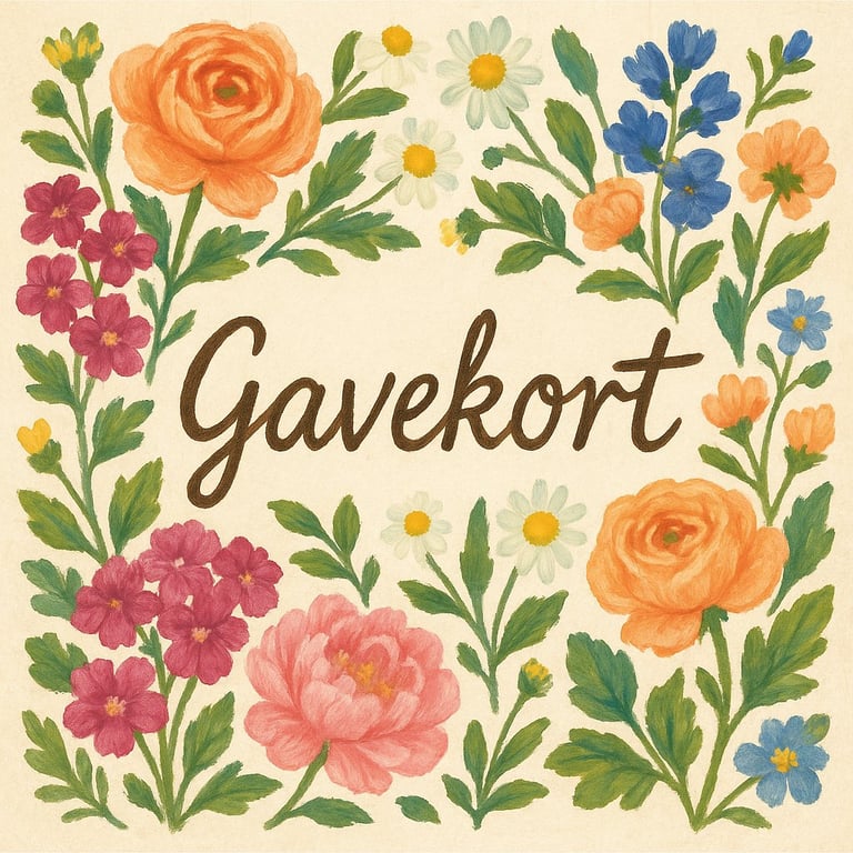 Håndmalet blomsterbuket med flerfarvede blomster omkring teksten "Gavekort" på beige baggrund.