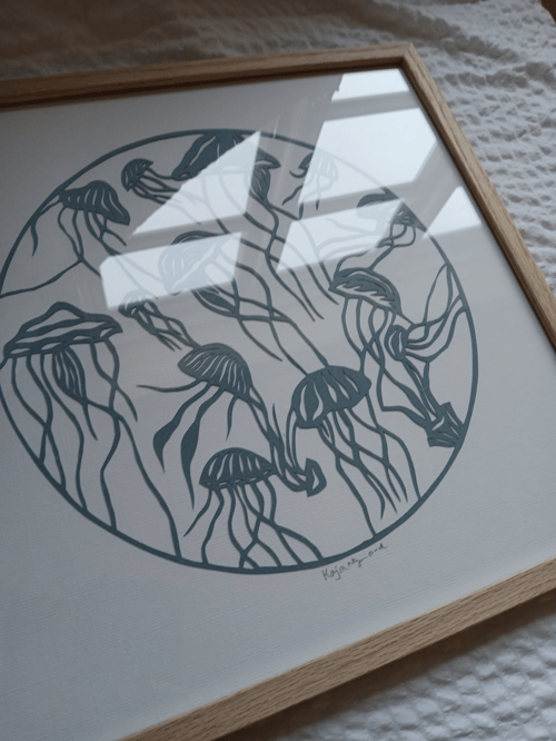 Gople nr 67 - 30x30cm dueblå papercut, indrammet