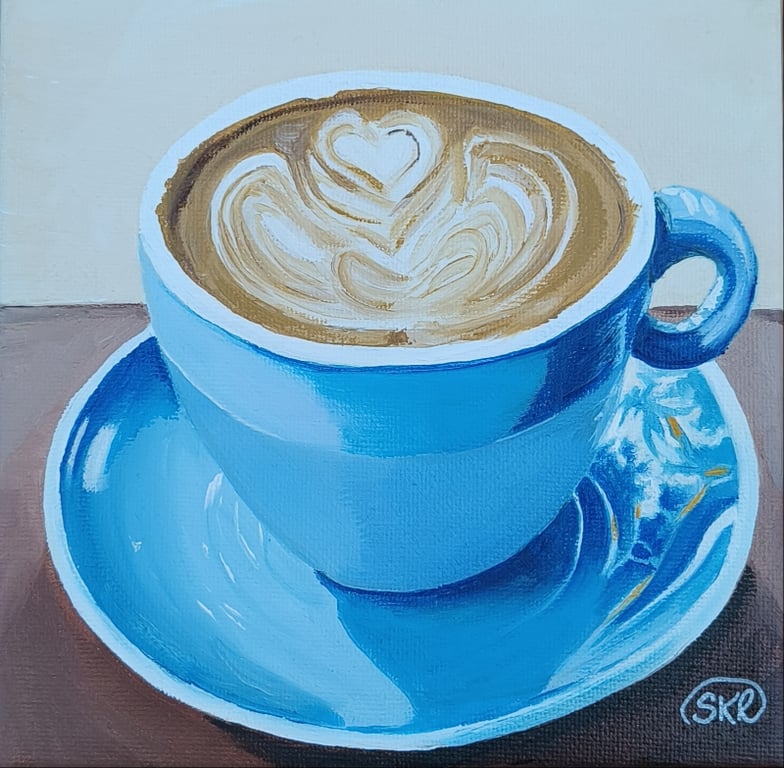 Kaffe i blå kop. 15*15