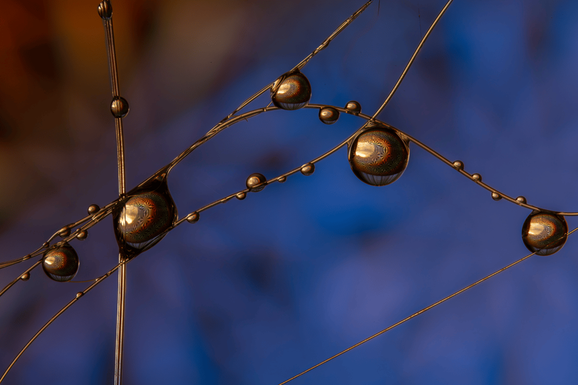 Vanddråber i makro kunst i blå nuancer.