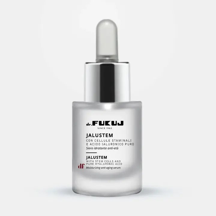 Flaske med dr. Fuku Jalustem fugtighedsserum med stamceller og hyaluronsyre på hvid baggrund.